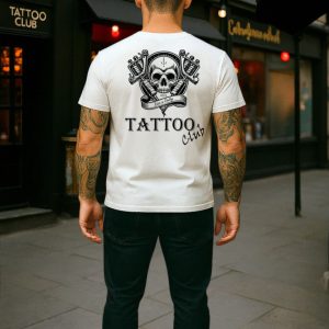 Mens Tee - Tatto Club - Skull- White