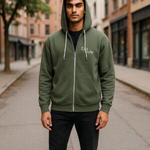 Unisex Zipped Hoodie- Script- Military Green